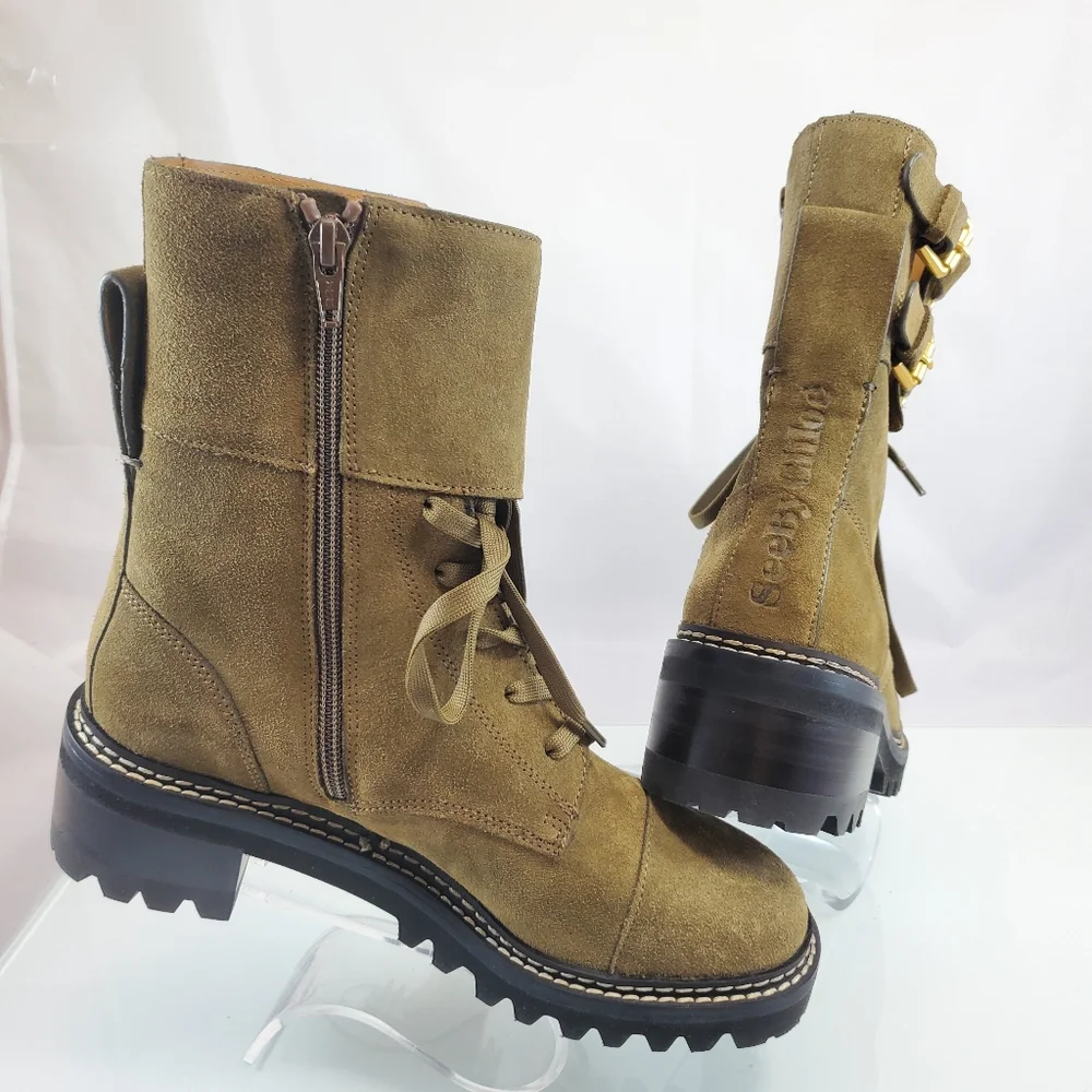 NWT$525 See by Chloe Mallory Leather Buckle Strap Ankle Combat Boots Sz 37.5 - Picture 10 of 12